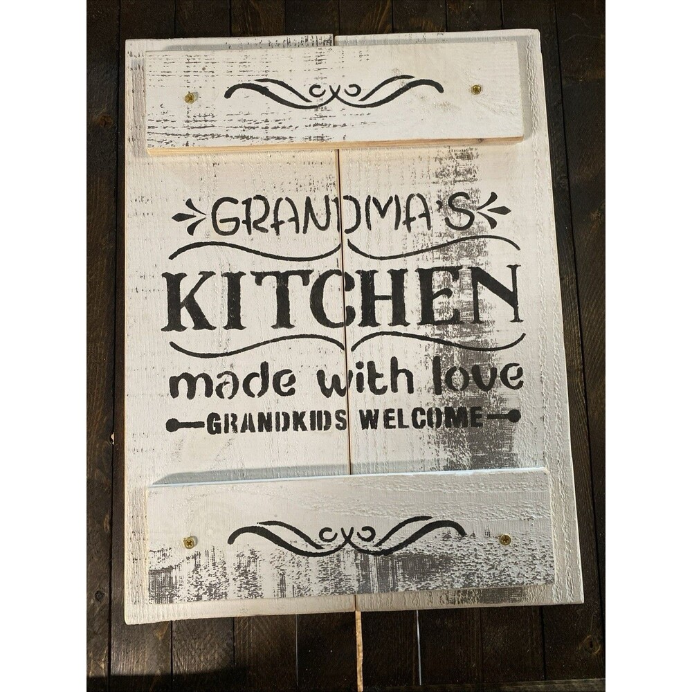 Grandma's Kitchen Distressed Handmade White With Black Wood Sign 11X15